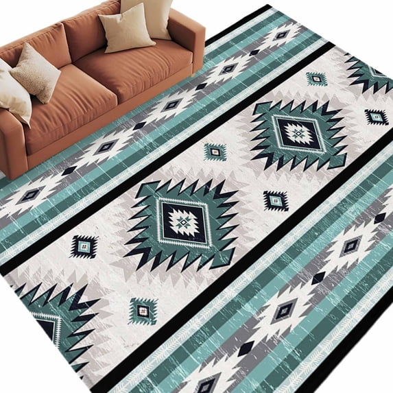 Area Rug 72×108in, Water Duck Green Aztec Geometric Floor Carpet Living Room Rug, Bohemian Ethnic Wind Non-Slip Welcome Mat Indoor Rugs for Bedroom Dining Room