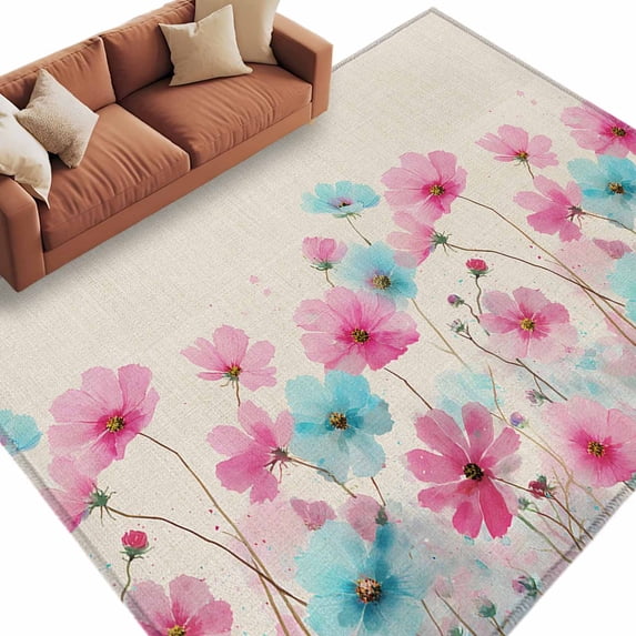 Area Rug 72×108in, Watercolor Blue Pink Flowers on Linen Floor Carpet Living Room Rug, Retro Floral Art Non-Slip Welcome Mat Indoor Rugs for Bedroom Dining Room
