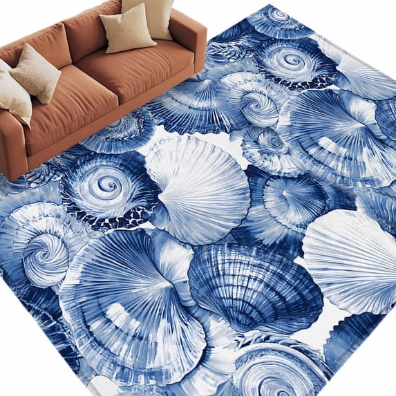 Area Rug 72×108in, Watercolor Blue Sea Shell Ocean Conch Floor Carpet Living Room Rug, Nautical Marine Creature Non-Slip Welcome Mat Indoor Rugs for Bedroom Dining Room