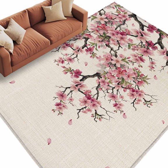 Area Rug 72×108in, Watercolor Cherry Blossom Flower Floor Carpet Living Room Rug, Spring Petals on Farm Linen Non-Slip Welcome Mat Indoor Rugs for Bedroom Dining Room