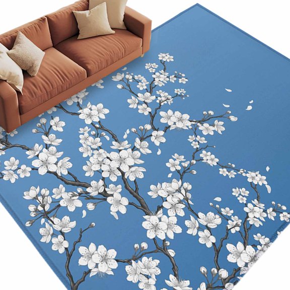 Area Rug 72×108in, Watercolor Cherry Blossoms Floor Carpet Living Room Rug, Floral Branches on Blue Non-Slip Welcome Mat Indoor Rugs for Bedroom Dining Room
