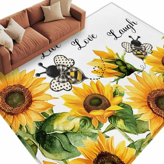 Area Rug 72×108in, Watercolor Farm Sunflowers Bee Floor Carpet Living Room Rug, Spring Country Floral Non-Slip Welcome Mat Indoor Rugs for Bedroom Dining Room