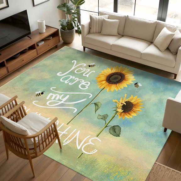 Area Rug 72×108in, Watercolor Farm Sunflowers Floor Carpet Living Room Rug, You Are My Sunshine Non-Slip Welcome Mat Indoor Rugs for Bedroom Dining Room