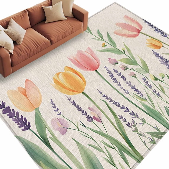 Area Rug 72×108in, Watercolor Flower Green Leaves Floor Carpet Living Room Rug, Spring Tulip Lavender on Linen Non-Slip Welcome Mat Indoor Rugs for Bedroom Dining Room