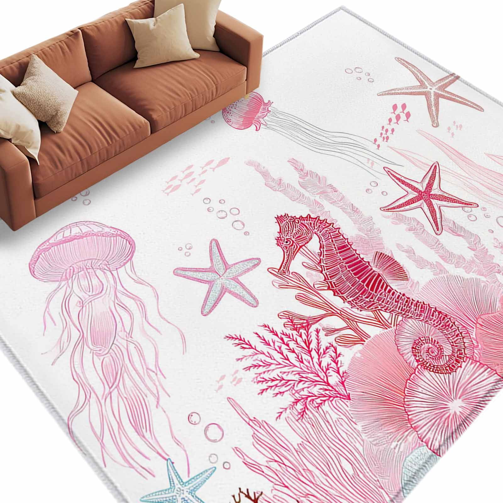 Area Rug 72×108in, Watercolor Pink Seahorses Mermaids Sea Stars Floor ...