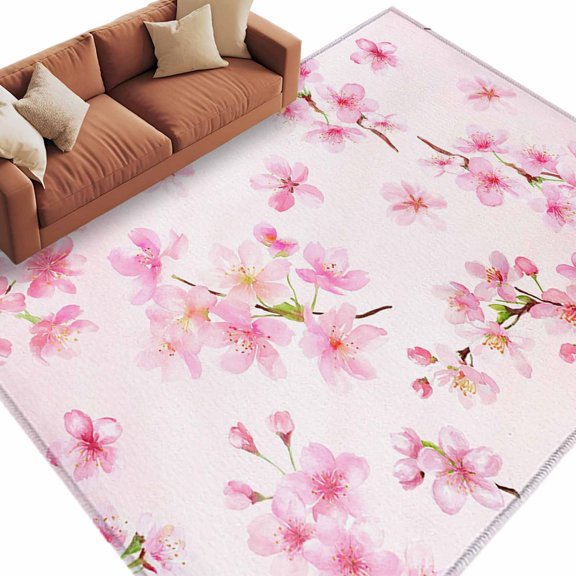 Area Rug 72×108in, Watercolor Romantic Pink Cherry Blossoms Floor Carpet Living Room Rug, Japanese Style Floral Non-Slip Welcome Mat Indoor Rugs for Bedroom Dining Room