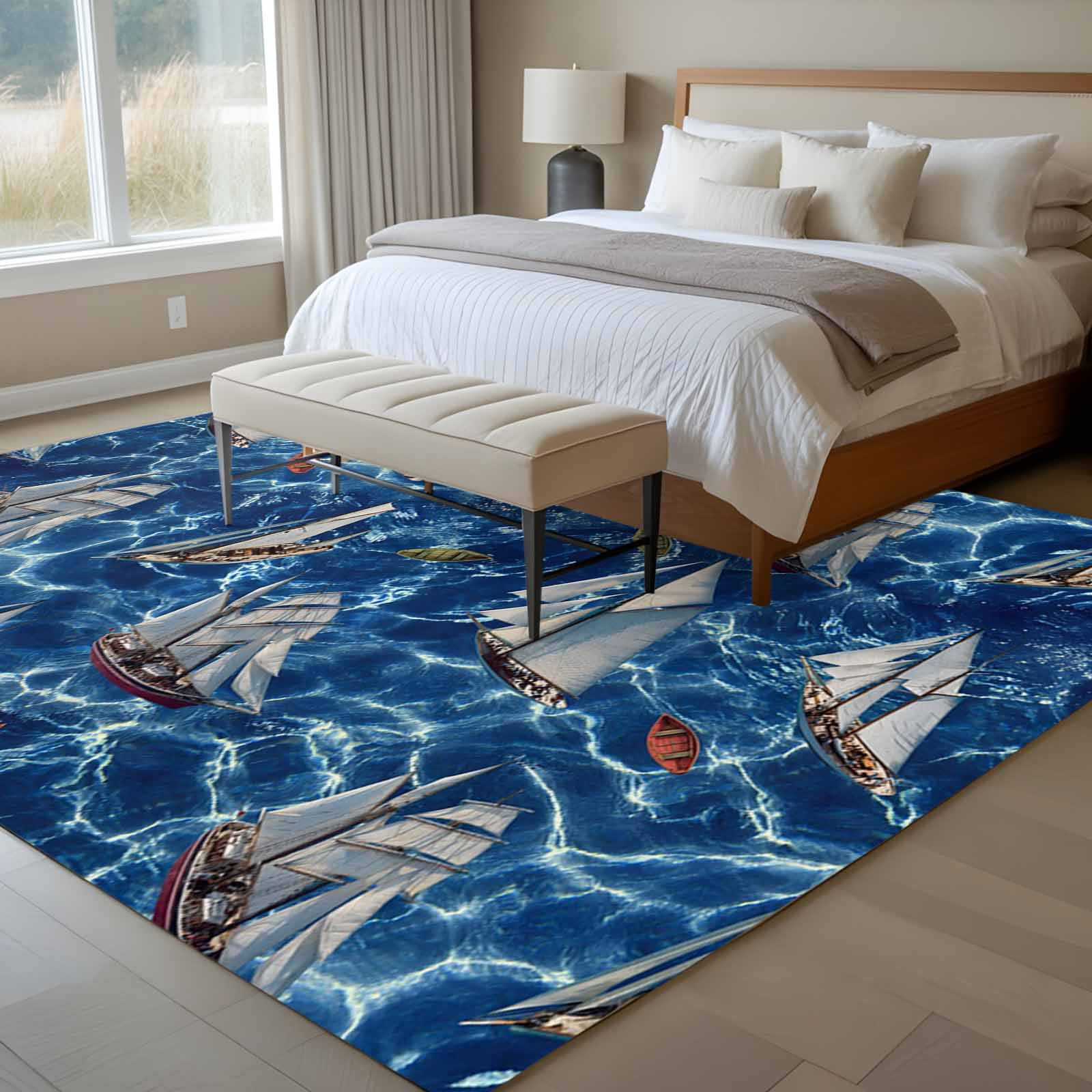 Area Rug 72×108in, Watercolor Sailboats Orange Green Small Boats Floor ...