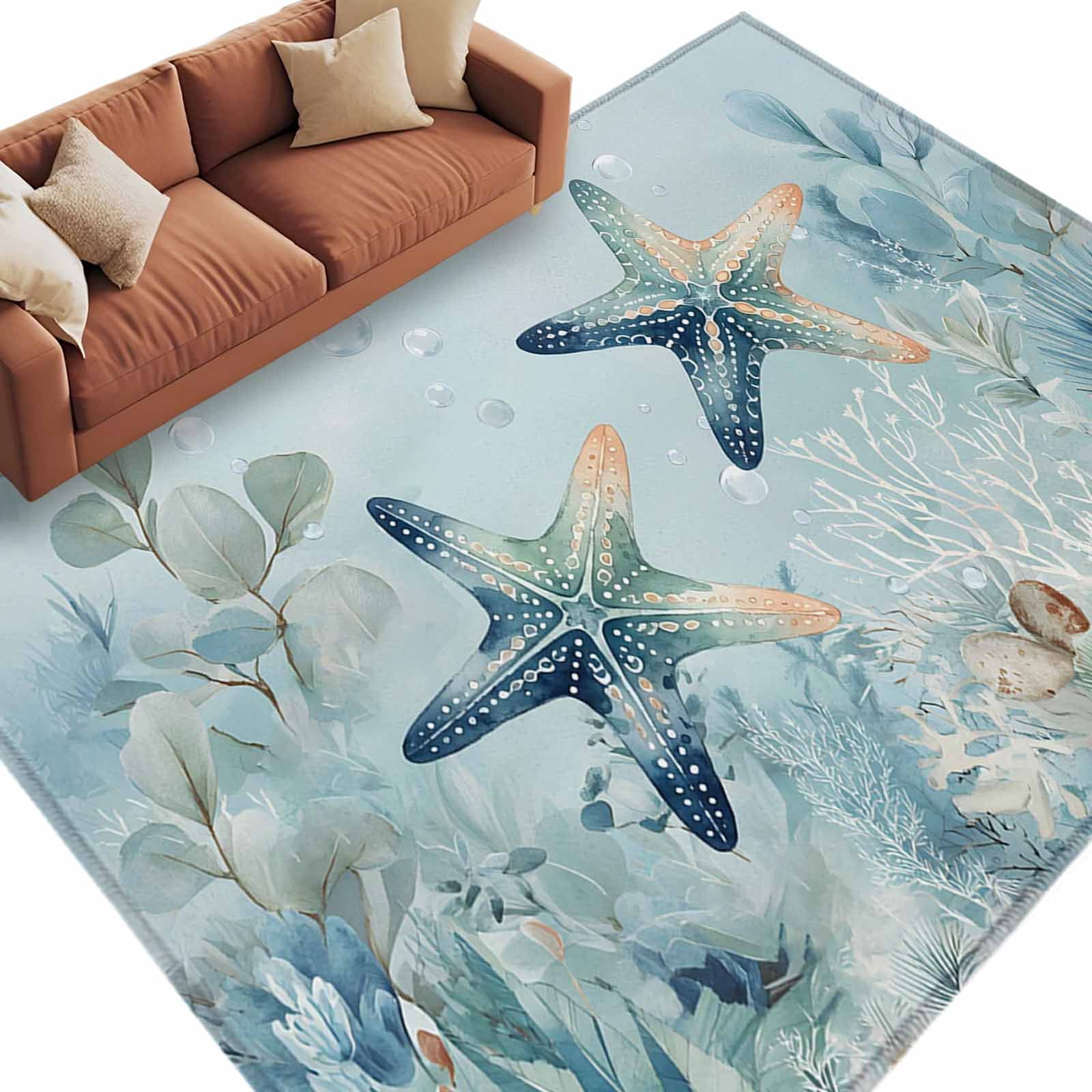 Area Rug 72×108in, Watercolor Sea Stars Seagrass Floor Carpet Living ...