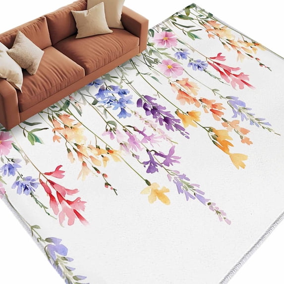 Area Rug 72×108in, Watercolor Spring Colorful Flower Plant Floor Carpet Living Room Rug, Pastoral Swirling Leaf Non-Slip Welcome Mat Indoor Rugs for Bedroom Dining Room