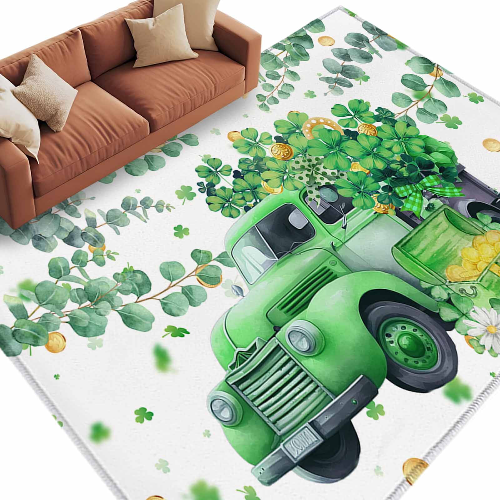 Papa Rag Area Rug 72×108in, Watercolor St. Papa Green Trucks Fourleaf Grasses ...