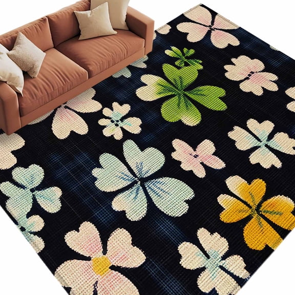 Area Rug 72×108in, Watercolor St. Patrick's Day Four Leaves Lovers Floor Carpet Living Room Rug, Botanical Leaf Non-Slip Welcome Mat Indoor Rugs for Bedroom Dining Room