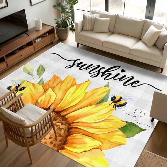 Area Rug 72×108in, Watercolor Sunflowers Bees Floor Carpet Living Room Rug, Sunshine Words on Plaid Non-Slip Welcome Mat Indoor Rugs for Bedroom Dining Room