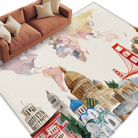 Area Rug 72×108in, Watercolor World Map Floor Carpet Living Room Rug, Iconic Landmarks Travel Non-Slip Welcome Mat Indoor Rugs for Bedroom Dining Room