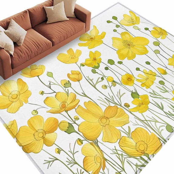 Area Rug 72×108in, Watercolor Yellow Blossom Flower Floor Carpet Living Room Rug, Garden Floral Plant on White Non-Slip Welcome Mat Indoor Rugs for Bedroom Dining Room