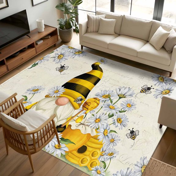 Area Rug 72×108in, White Daisy Pastoral Gnome Bee Floor Carpet Living Room Rug, Summer Honey Hive Non-Slip Welcome Mat Indoor Rugs for Bedroom Dining Room