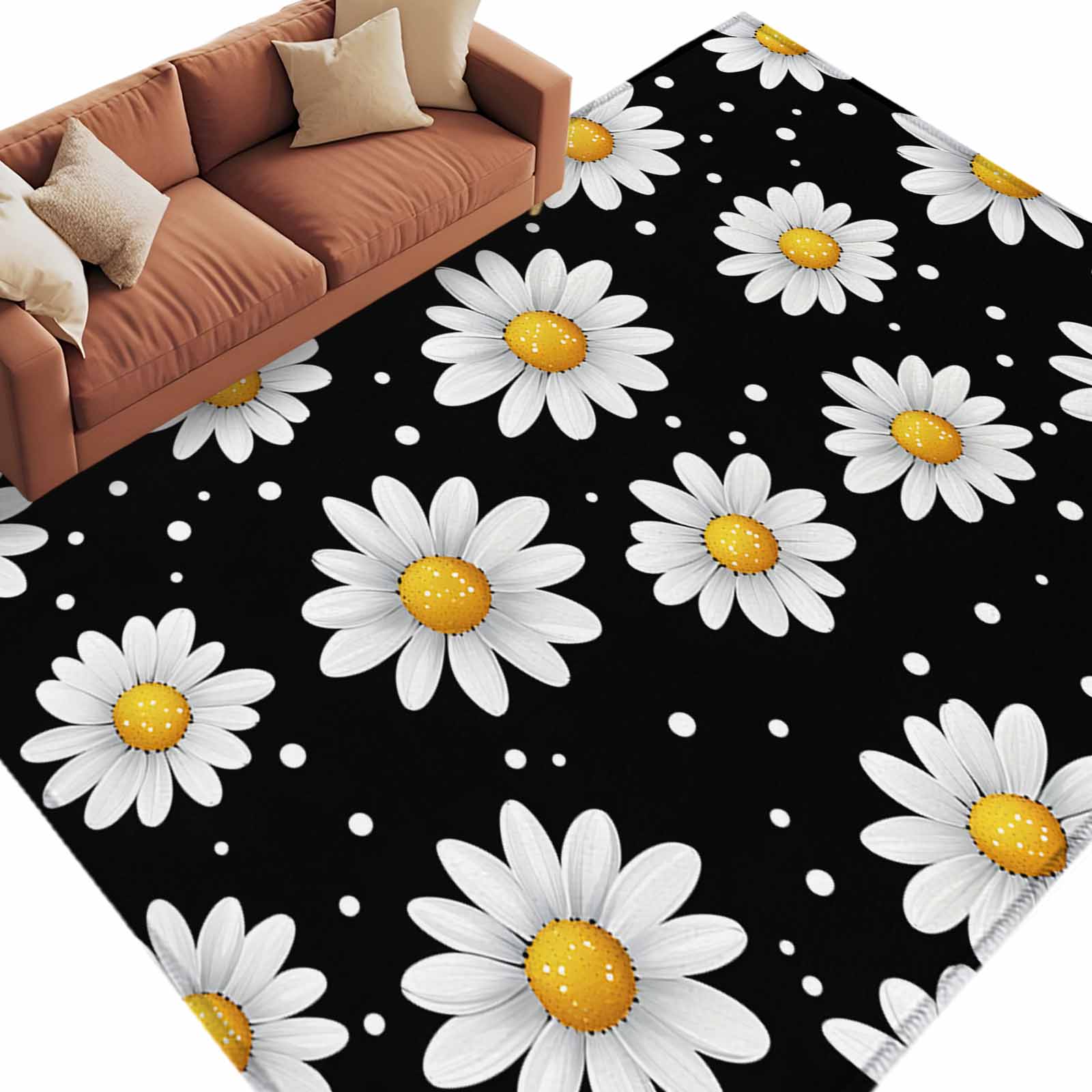 Fun Daisy Rug Area Rug 72×108in, White Daisy Polka Dots on Black Floor Carpet Living ...