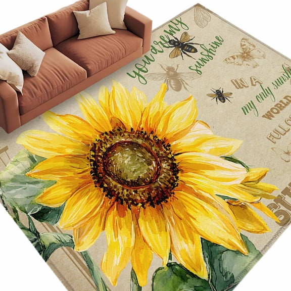 Area Rug 72×108in, YOU ARE MY SUNSHINE Words Floor Carpet Living Room Rug, Retro Farm Sunflowers Non-Slip Welcome Mat Indoor Rugs for Bedroom Dining Room