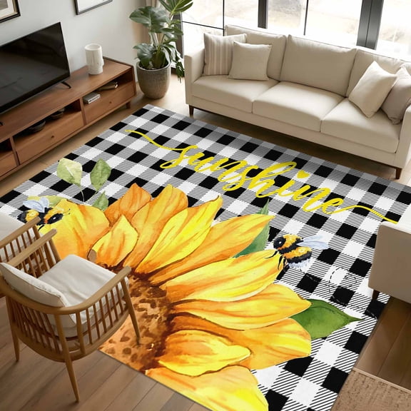 Area Rug 72×108in, Yellow Sunflower Sunshine Black White Checker Floor Carpet Living Room Rug, Watercolor Floral Bee Non-Slip Welcome Mat Indoor Rugs for Bedroom Dining Room