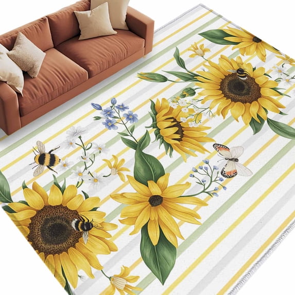 Area Rug 72×108in, Yellow Sunflower Watercolor Flower Green Leaves Floor Carpet Living Room Rug, Colorful Stripe Non-Slip Welcome Mat Indoor Rugs for Bedroom Dining Room