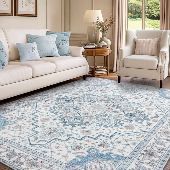 Area Rug 7x10Large Vintage Boho Rug,Ultra-Soft Low Pile Washable Non Slip,Stain Resistant Printed Carpet for Living Room Bedrooms Playroom Office Kitchen mid century modern Father's Day Easter Gifts