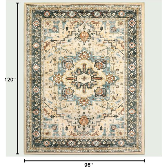 Area Rug - 8' x 10' Vintage Oriental Soft Rug with Non-Slip Backing