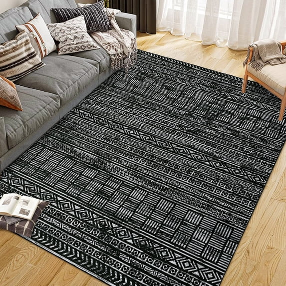 Area Rug 8'x10' Boho Textured Design Living Room Non Slip Low-Pile Soft Tribal Print Bedroom Rug Stain Resistant Playroom Carpet Office Black