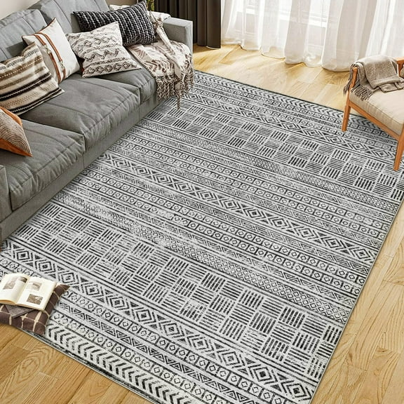 Area Rug 8'x10' Boho Textured Design Living Room Non Slip Low-Pile Soft Tribal Print Bedroom Rug Stain Resistant Playroom Carpet Office Grey