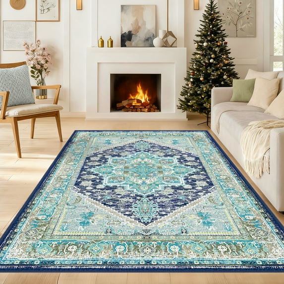 Newburos Area Rug 8'x10', Non-Slip Machine Washable Rugs for Living Room Bedroom, Low Pile Soft Vintage Print Pattern Indoor Carpet, Blue & Green