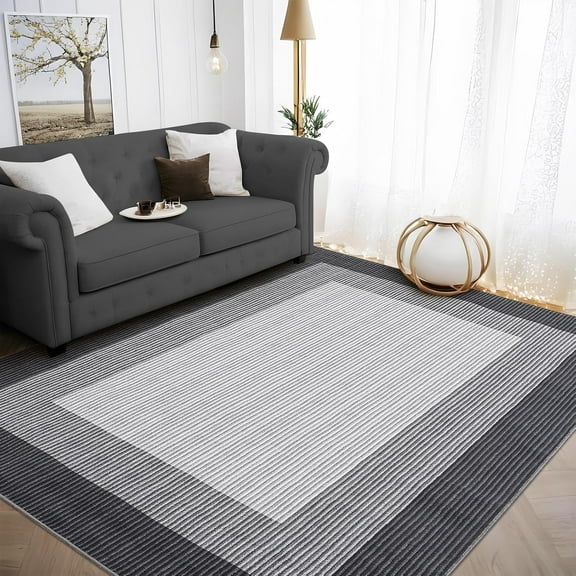 Area Rug 8x10 Large Washable Living Room Rug Modern Neutral Carpet, Non-Slip Non Shedding Bordered Solid Rug, Low Pile Foldable Printed Nursery Rug for Bedroom, Dining Room, Black/Gray