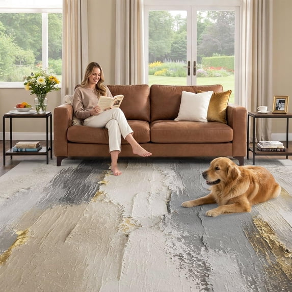 Textured Plaster Abstract Area Rug 8x10 Living Room Rug, Textured Plaster Washable Non-Slip Low ...