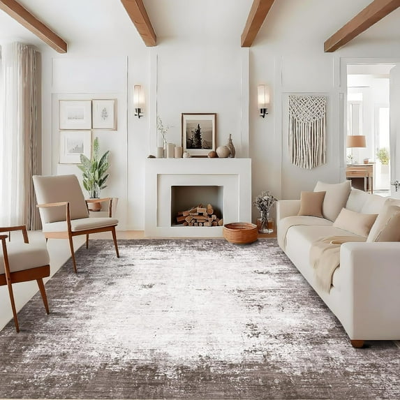 Area Rug 8x10 Modern Abstract Rug for Living Room, Thin Washable Carpet with Non Slip TPR Backing, Soft Non Shedding Indoor Mat, Low Pile Foldable Floor Covering for Bedroom, Coffee
