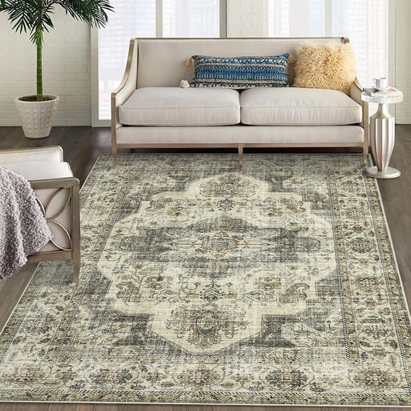 Area Rug 8x10 Rug for Bedroom Large Non Slip Living Room Rug Ultra-Thin Non-Shedding Washable Carpet Indoor Soft Oriental Carpet Floral Print Distressed Rug for Nursery Playroom Office Taupe
