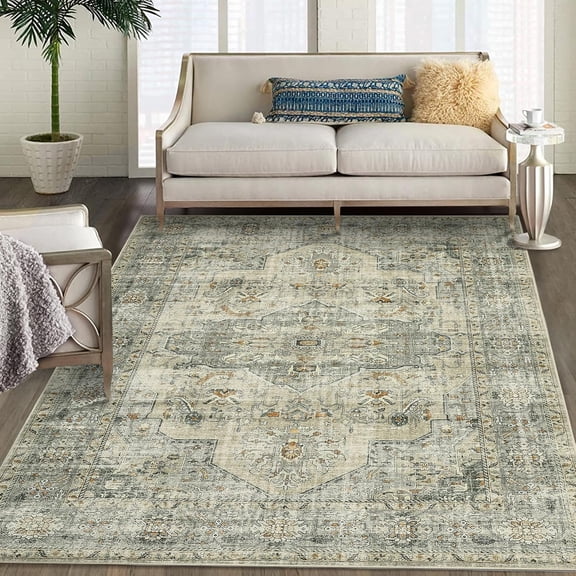 Area Rug 8x10 Rug for Bedroom Large Non Slip Living Room Rug Ultra-Thin Non-Shedding Washable Carpet Indoor Soft Oriental Carpet Floral Print Distressed Rug for Nursery Playroom Office Beige
