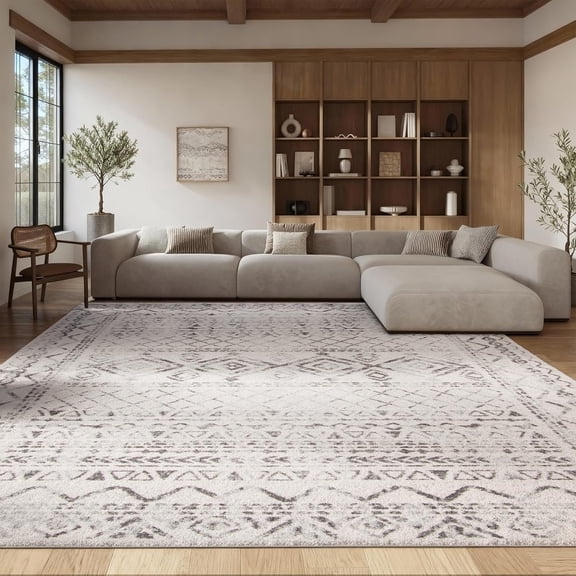 Area Rug 8x10 - Tulum Collection - Large - Ivory & Grey, Moroccan Boho Distressed Design, Non-Shedding & Easy to Clean, Ideal for Living Room, Bedroom, Dining Space (TUL268A)