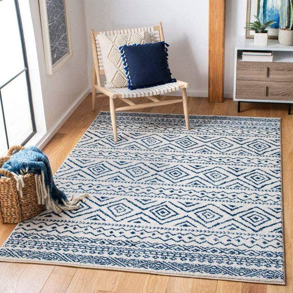Area Rug 8x10 - Tulum Collection - Large - Ivory & Navy, Moroccan Boho Distressed Design, Non-Shedding & Easy to Clean, Ideal for Living Room, Bedroom, Dining Space (TUL267C)