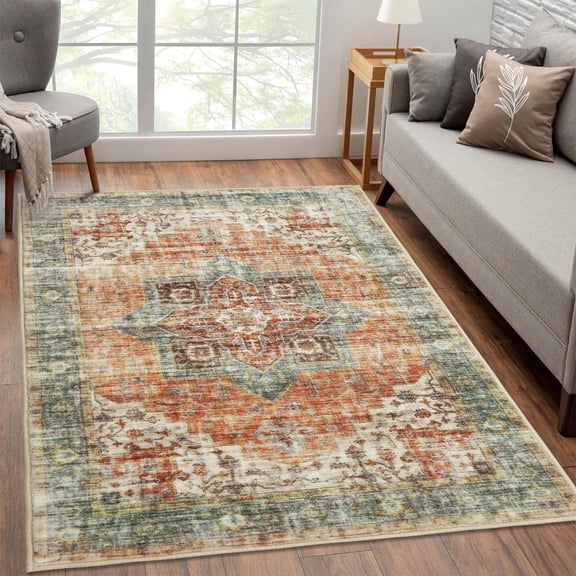 Area Rug 8x10 Vintage Low Pile Rugs Non-Slip Washable Rug Indoor Floor Cover Print Distressed Carpet Non-Shedding Oriental Area Rug for Living Room Bedroom, 8’x10’, Brown
