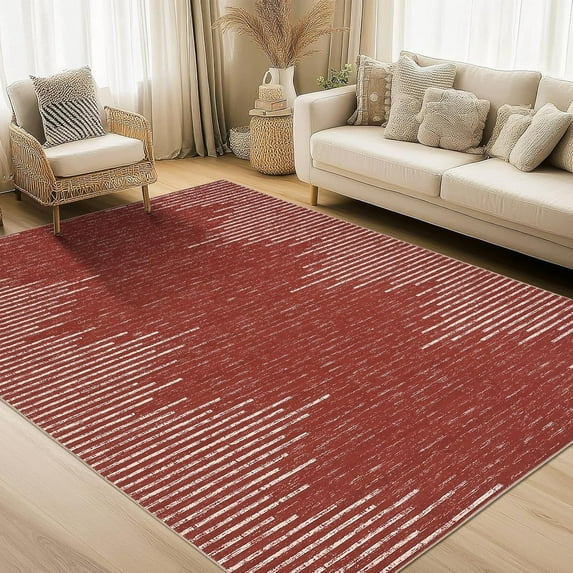 Area Rug 8x10 Washable Area Rugs for Living Room Bedroom Dining Room Neutral Area Rug Geometric Striped Carpet Stain Resistant Farmhouse Floor Cover Red
