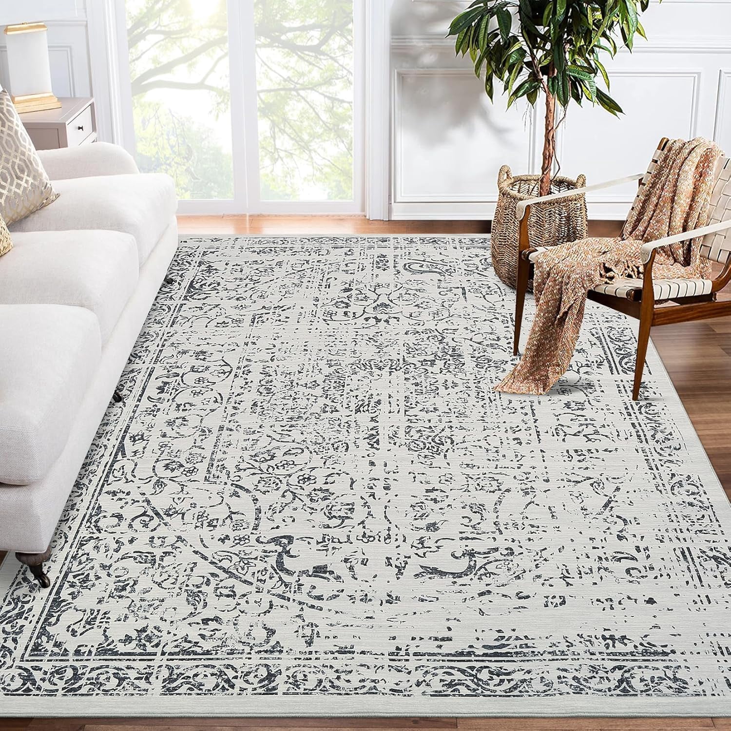 Area Rug 8x10 Washable Rug Grey Vintage Rug Traditional Floor Cover Thin Rug Retro Indoor Distressed Non Slip Carpet Floral Print Mat Dining Room