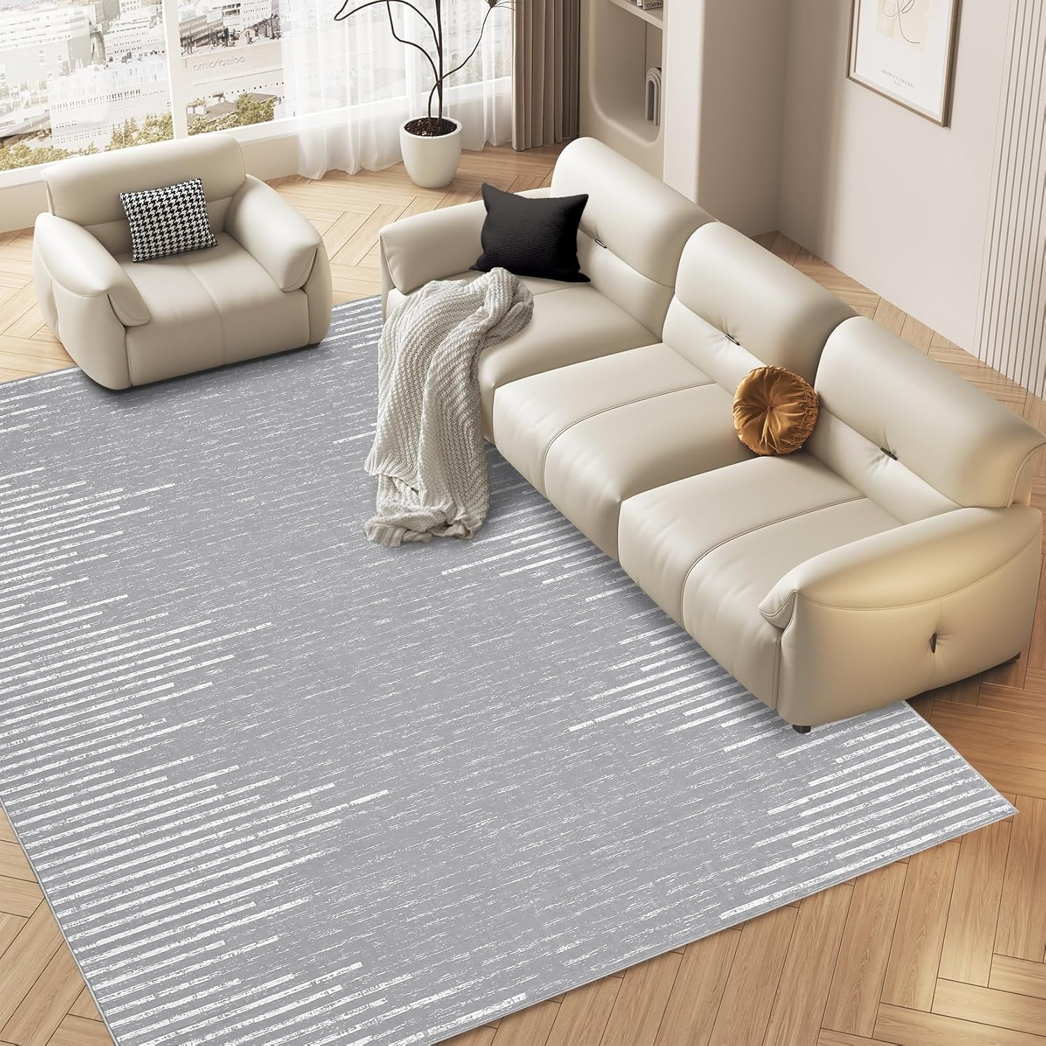 Area Rug 8x10 Washable Rug for Living Room Dining Room Bedroom Office Low Pile Soft Neutral Area Rugs Modern Stripes Farmhouse Floor Cover Grey Rug
