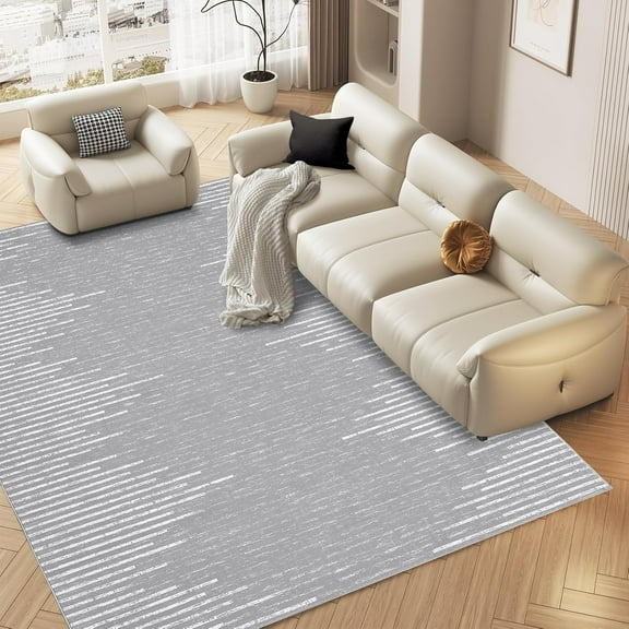 Area Rug 8x10 Washable Rug for Living Room Dining Room Bedroom Office Low Pile Soft Neutral Area Rugs Modern Stripes Farmhouse Floor Cover Grey Rug