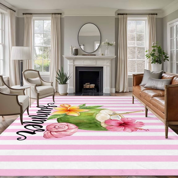 Area Rug 8x10ft Summer Coconut Flower Conch Area Rugs Washable Low Pile Floor Carpet for Bedroom, Ocean Beach Theme Pink Stripe Non Slip Soft Rugs for Living Room Entryway Dining Room