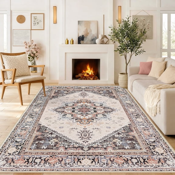 Newburos Area Rug 9'x12', Non-Slip Machine Washable Rugs for Living Room Bedroom, Low Pile Soft Vintage Print Pattern Indoor Carpet, Khaki
