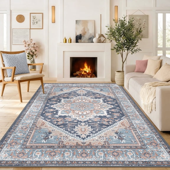 Newburos Area Rug 9'x12', Non-Slip Machine Washable Rugs for Living Room Bedroom, Low Pile Soft Vintage Print Pattern Indoor Carpet, Navy