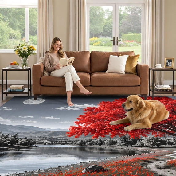 Area Rug 9x12 Living Room Rug, Red Tree Washable Non-Slip Low Pile Soft ...