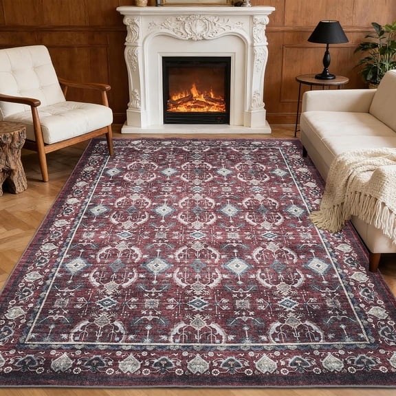 Area Rug 9x12, Washable Vintage Boho Rug, Low-Pile Non-Slip Stain Resistant Carpet for Living Room, Bedroom, Dining Room, Kids Nursery, Red
