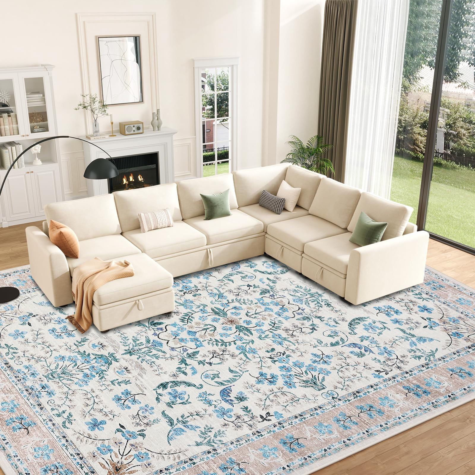 Area Rug 9x12 for Living Room, Washable Non Slip Low Pile Rugs, Floral Soft Carpet for Living Room, Bedroom, Dining Room, Blue