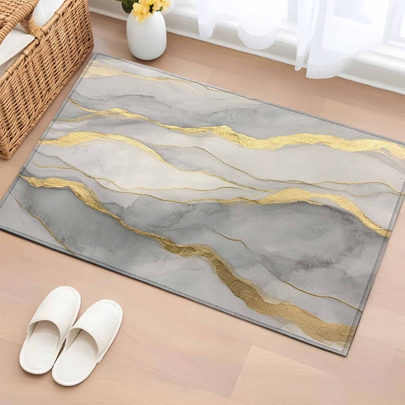 Area Rug Abstract Gold Lines Marble Texture Rectangle Area Rugs Washable Rug for Living Room Bedroom Dining Room, Grey Stone Art Soft Non-slip Floor Carpet 2x3ft