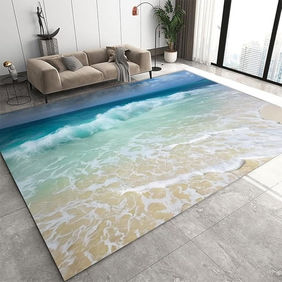 Area Rug Beach Wave Pattern Bedroom Rug Summer Beach Sand Classroom Rug Soft Washable Carpet, Upholstery Rug With Non-Slip Backing For Kids Boys Girls Living Room Dining Room 2x3ft