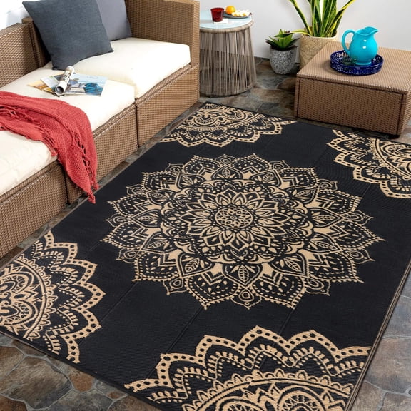 Area Rug Black Brown 5' x8' Waterproof Outdoor Indoor Patio Camping RV Use