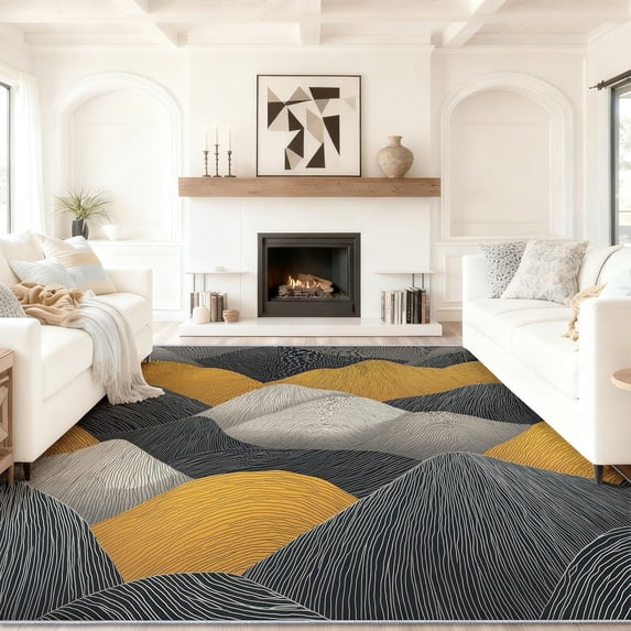 Area Rug Black Modern Rug for Living Room Indoor Abstract Waves Printed Rugs for Bedroom Soft Dining Room Low Pile Carpet Non-Slip Rug for Home Office-3' x 5'